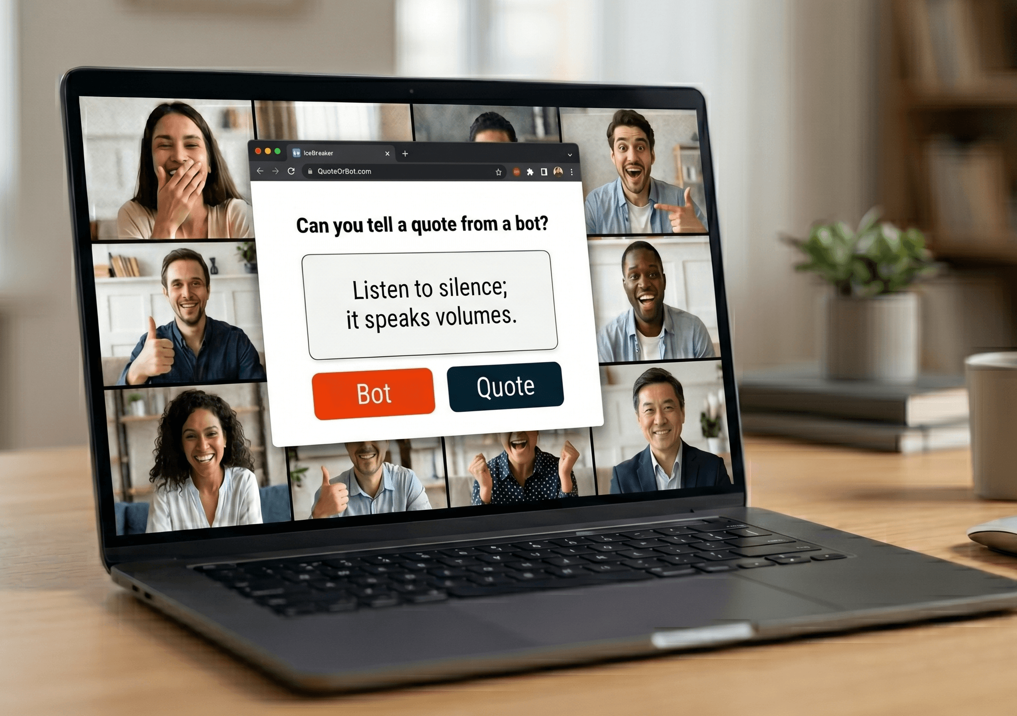 Online meeting where colleagues play Quote or Bot, voting whether a quote on screen was written by a human or a bot.