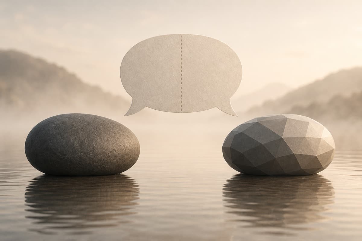A natural stone and a geometric stone facing each other under a shared speech bubble, evoking the human-versus-AI quote game.