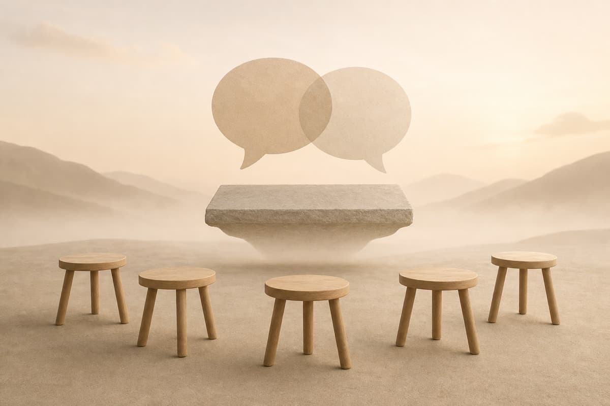 A semicircle of stools facing a floating stone lectern with two overlapping speech bubbles, evoking a speaking-club debate.