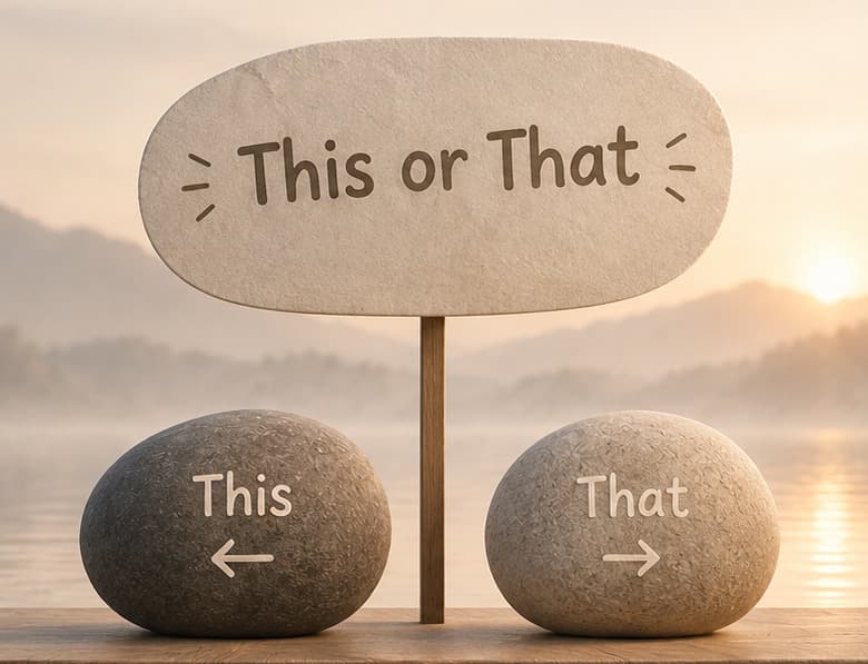 A geometric stone and a natural stone on calm water beneath one speech bubble split down the middle — a this-or-that choice.