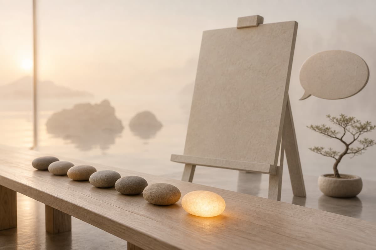 A row of pebbles with one glowing warmly beside a blank stone easel, evoking a workshop energizer sparking energy.
