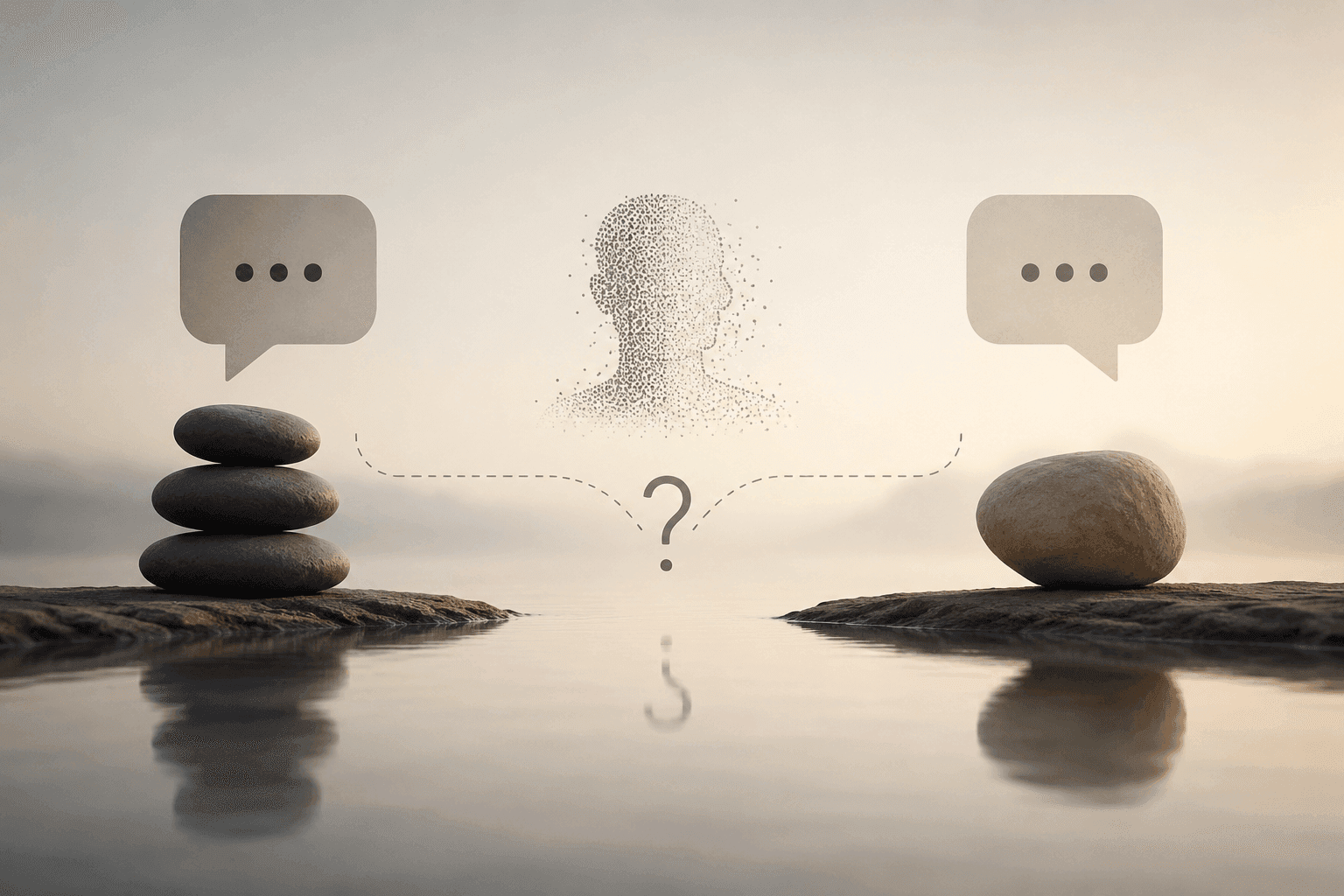 Conceptual illustration of a Turing test with speech bubbles and a central question mark.